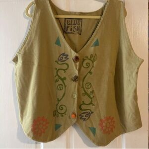 Blue Fish Size 1 Vest Green Floral Fish Hand Painted lagenlook Artsy